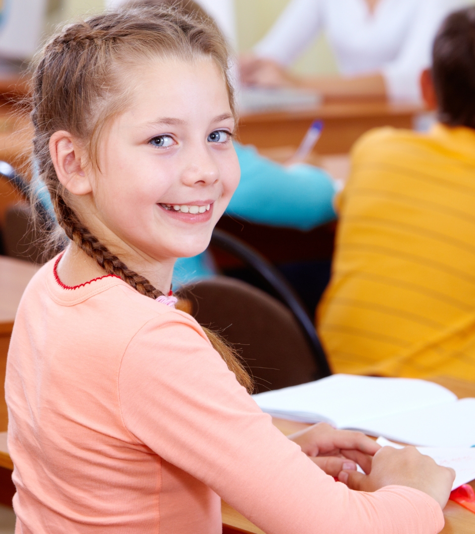 Schülerin mit rosa Pullover und geflochtenem Haar sitzt in einem Klassenzimmer mit geöffnetem Heft vor sich