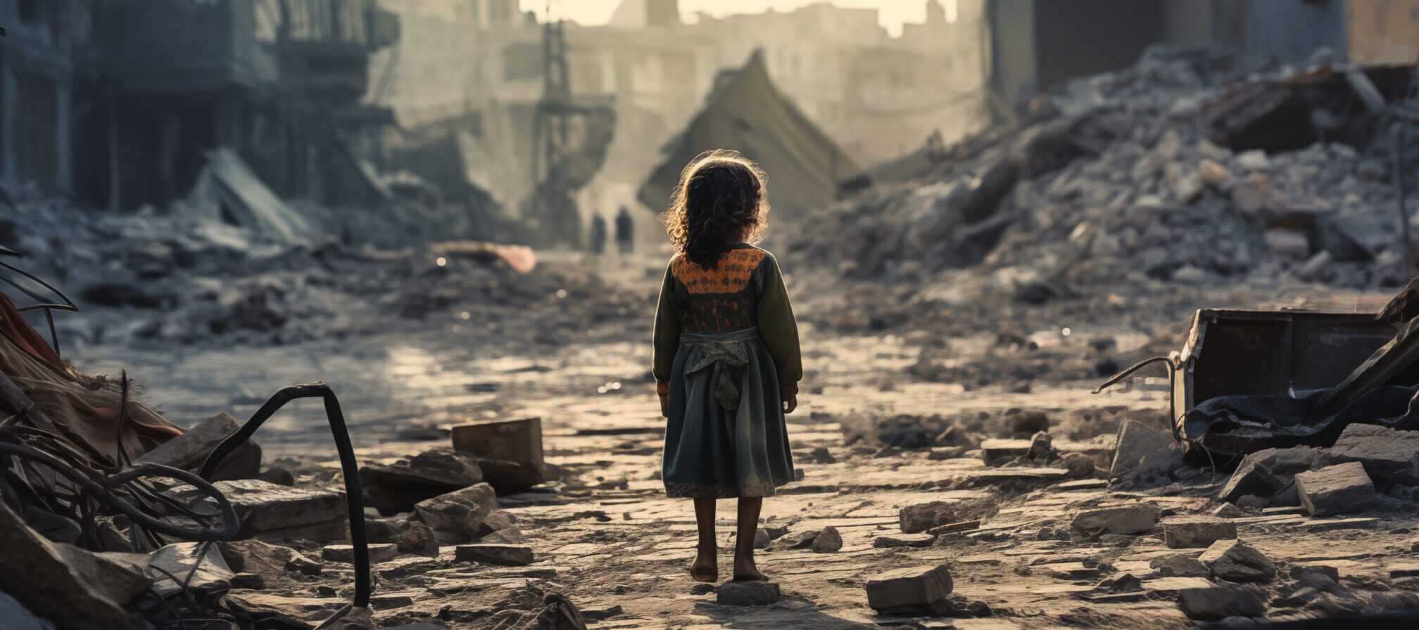 Ein Kind steht allein inmitten von Trümmern und zerstörten Gebäuden in einer Kriegszone (Bild ist KI-generiert)