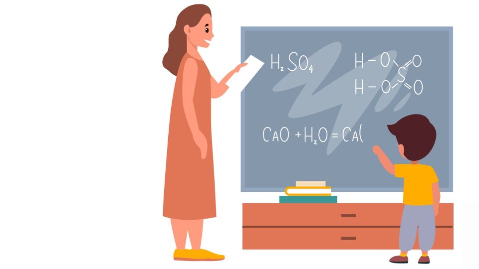 Illustration Kind steht an einer Tafel und Lehrerin steht daneben