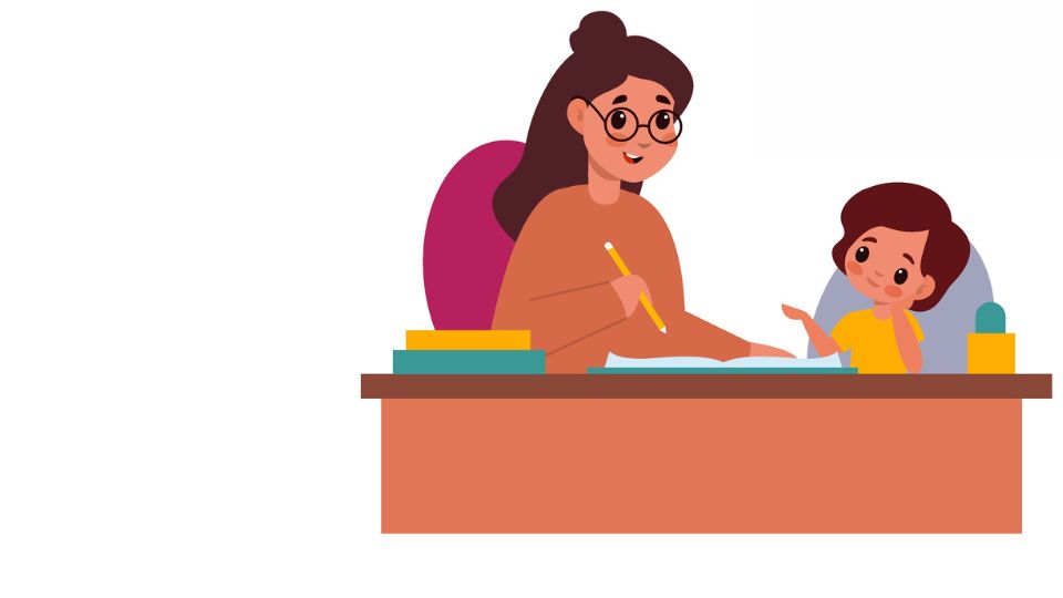 Illustration Kind und Frau sitzen bei Nachhilfe an einem Schreibtisch