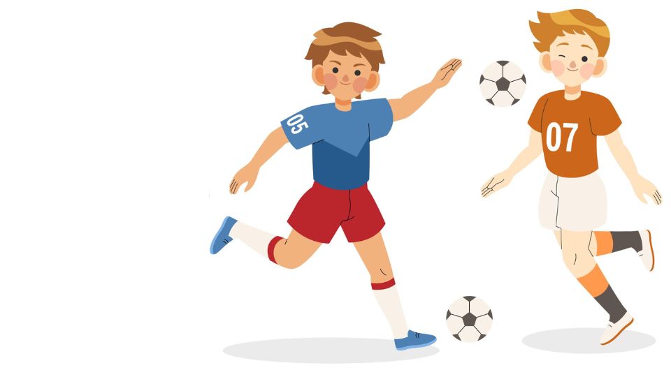 Illustration zwei Buben in Fußballkleidung spielen Fußball