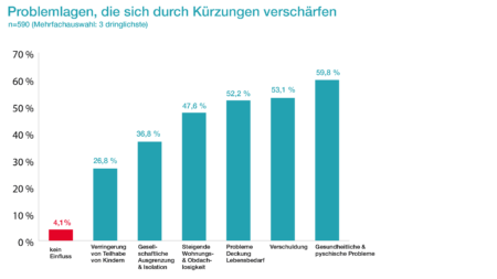 Diagramm zu Problemlagen, die sich durch Kürzungen im Sozialbereich verschärfen können, mit den häufigsten Nennungen: gesundheitliche und psychische Belastungen, Verschuldung sowie steigende Wohnungs- und Obdachlosigkeit.