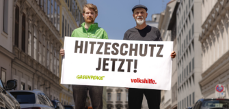 Marc Dengler von Greenpeace Österreich und Volkshilfe-Direktor Erich Fenninger halten auf einer Straße ein Transparent mit der Aufschrift „HITZESCHUTZ JETZT!“.