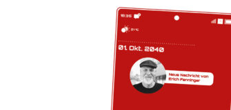 Grafisch gestalteter Smartphone-Bildschirm mit dem Datum 1. Oktober 2040, einem Porträt von Erich Fenninger und der Anzeige „Neue Nachricht von Erich Fenninger“.