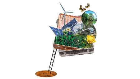 Collage eines offenen Koffers mit Pflanzen, Solarmodulen, Windrad und Zug. Eine Leiter führt zum Koffer, darüber fliegen Schmetterlinge.