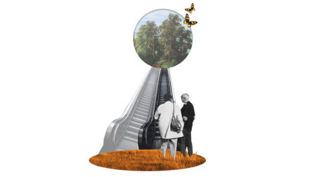 Collage mit zwei Menschen vor einer Rolltreppe, die zu einer kreisförmigen Waldlandschaft führt, darüber Schmetterlinge.